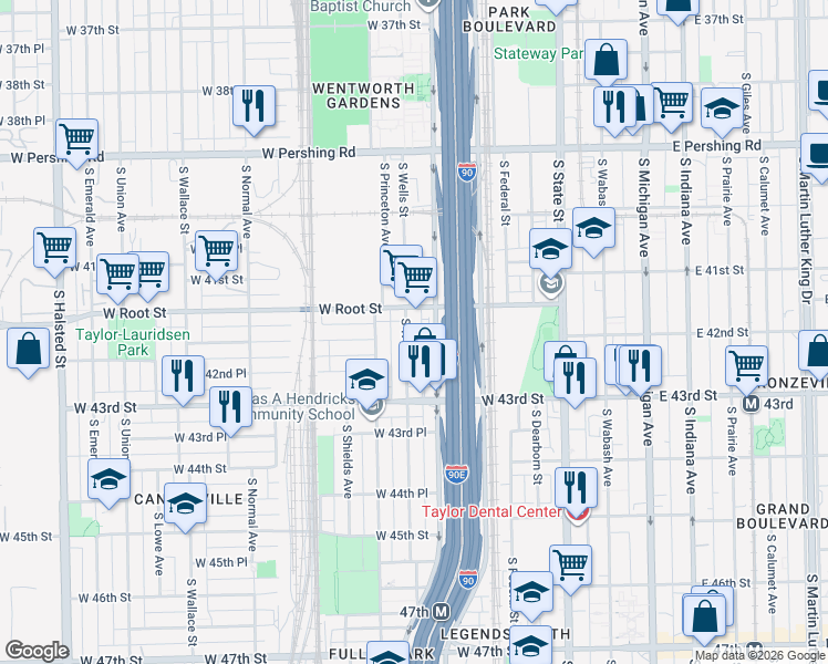 map of restaurants, bars, coffee shops, grocery stores, and more near 4150 South Wentworth Avenue in Chicago