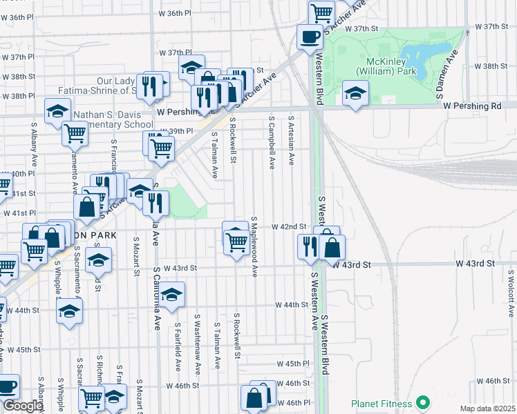 map of restaurants, bars, coffee shops, grocery stores, and more near 4124 South Maplewood Avenue in Chicago