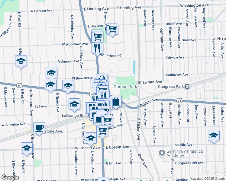map of restaurants, bars, coffee shops, grocery stores, and more near 31 East Ogden Avenue in La Grange