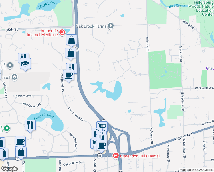 map of restaurants, bars, coffee shops, grocery stores, and more near 141 Breakenridge Farm in Oak Brook