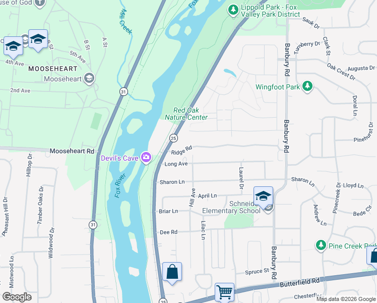 map of restaurants, bars, coffee shops, grocery stores, and more near 202 Ridge Road in North Aurora