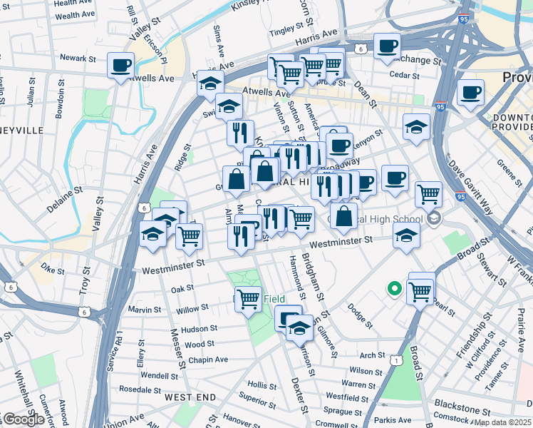 map of restaurants, bars, coffee shops, grocery stores, and more near 43 Grant Street in Providence