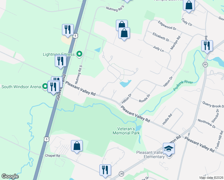 map of restaurants, bars, coffee shops, grocery stores, and more near 438 Pleasant Valley Road in South Windsor