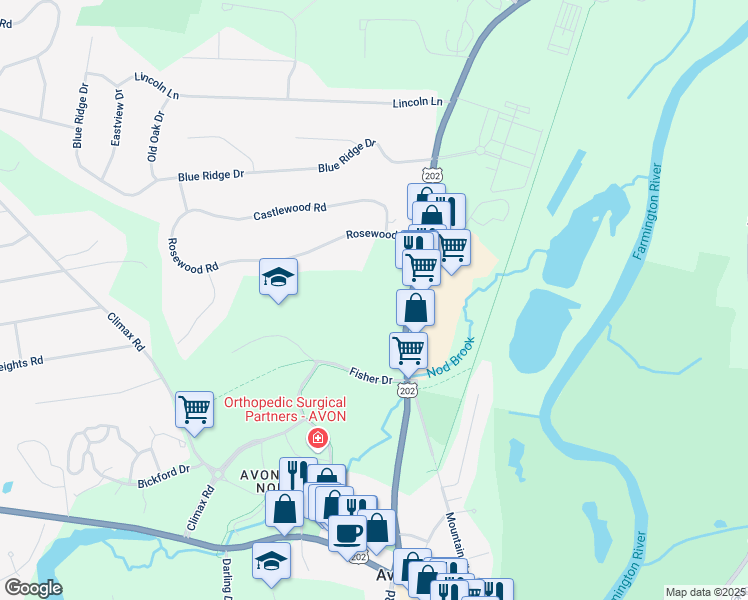 map of restaurants, bars, coffee shops, grocery stores, and more near 121 Simsbury Road in Avon