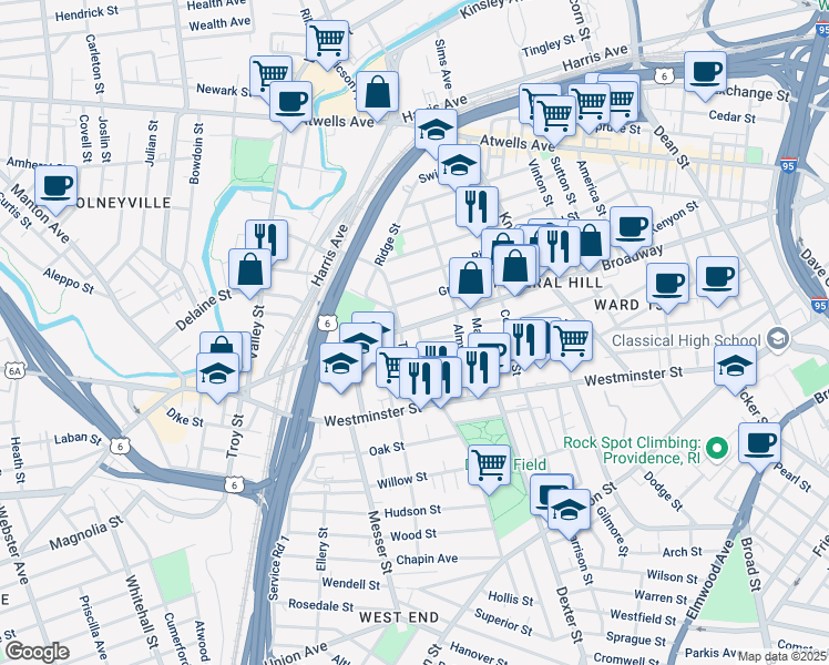 map of restaurants, bars, coffee shops, grocery stores, and more near 492 Broadway in Providence