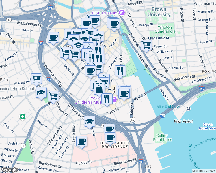 map of restaurants, bars, coffee shops, grocery stores, and more near 137 Chestnut Street in Providence