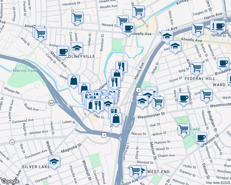 map of restaurants, bars, coffee shops, grocery stores, and more near 52A Valley Street in Providence