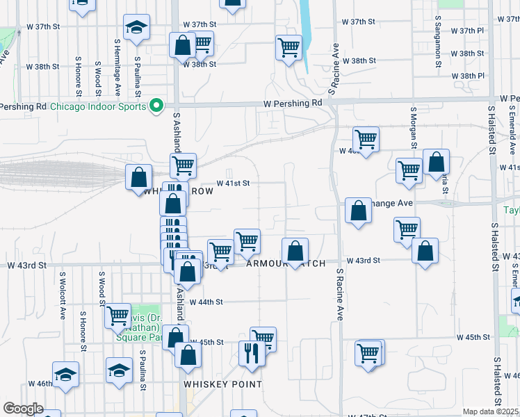 map of restaurants, bars, coffee shops, grocery stores, and more near 1398 West Exchange Avenue in Chicago