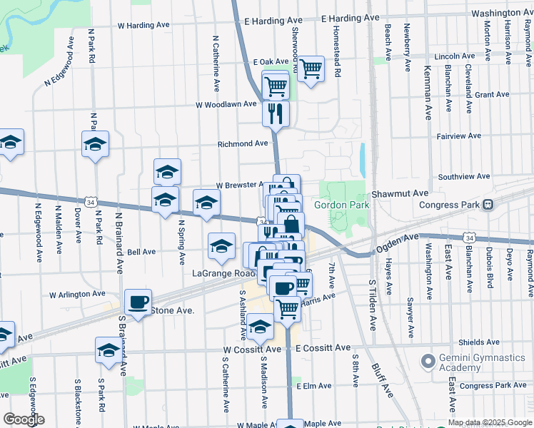 map of restaurants, bars, coffee shops, grocery stores, and more near 31 East Ogden Avenue in La Grange