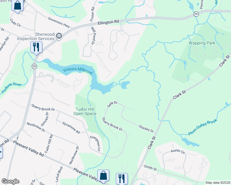 map of restaurants, bars, coffee shops, grocery stores, and more near 31 Victor Lane in South Windsor