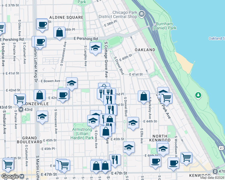 map of restaurants, bars, coffee shops, grocery stores, and more near 817 E 42nd St in Chicago