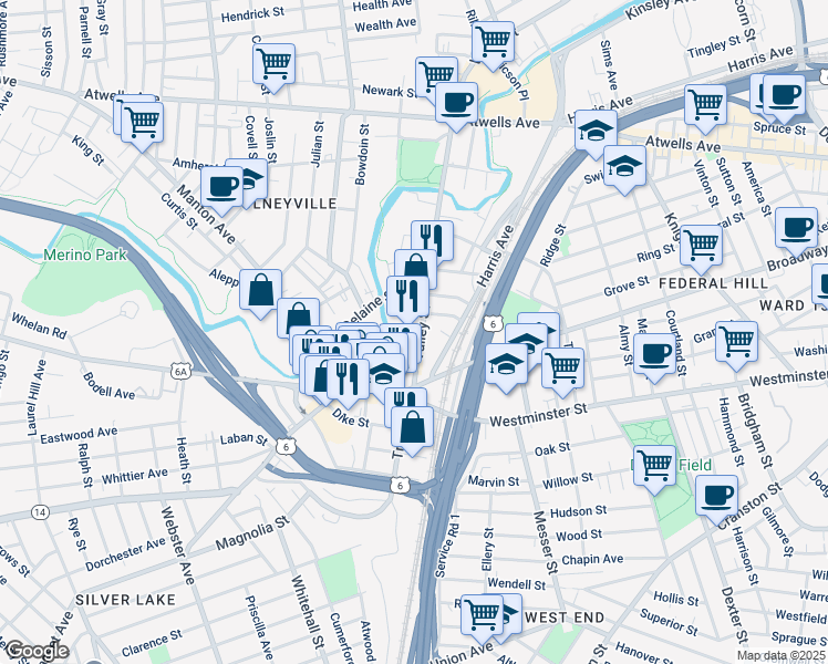 map of restaurants, bars, coffee shops, grocery stores, and more near 52A Valley Street in Providence