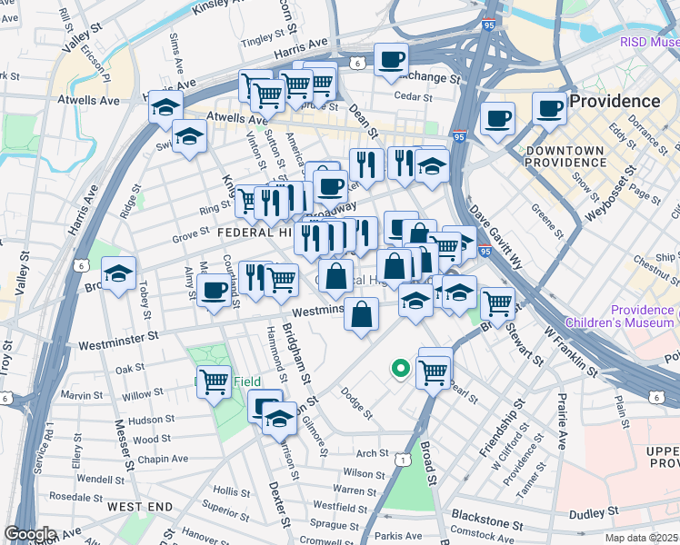 map of restaurants, bars, coffee shops, grocery stores, and more near 472 West Fountain Street in Providence