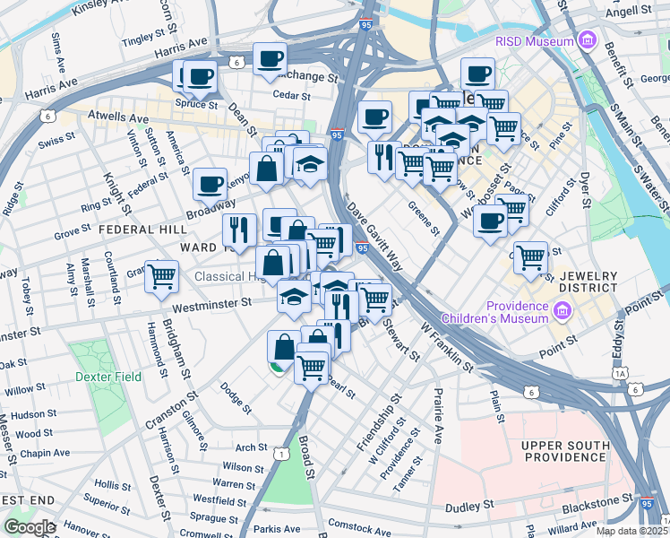 map of restaurants, bars, coffee shops, grocery stores, and more near in Providence