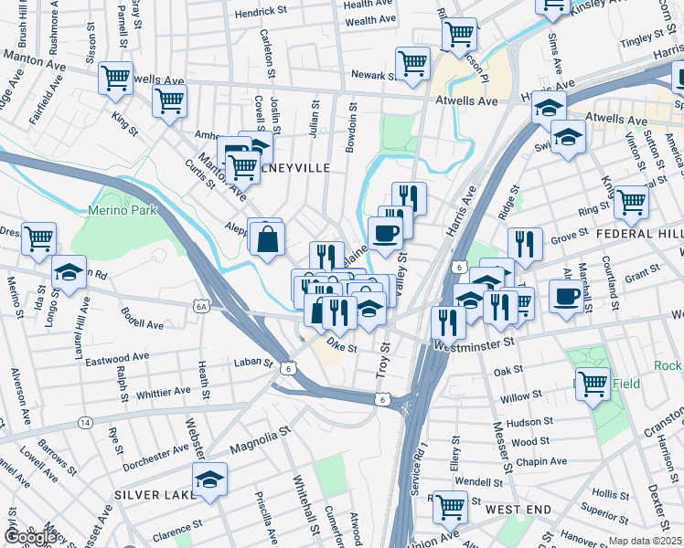 map of restaurants, bars, coffee shops, grocery stores, and more near 148 Delaine Street in Providence