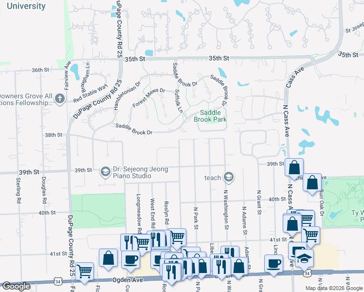 map of restaurants, bars, coffee shops, grocery stores, and more near 3805 North Williams Street in Westmont