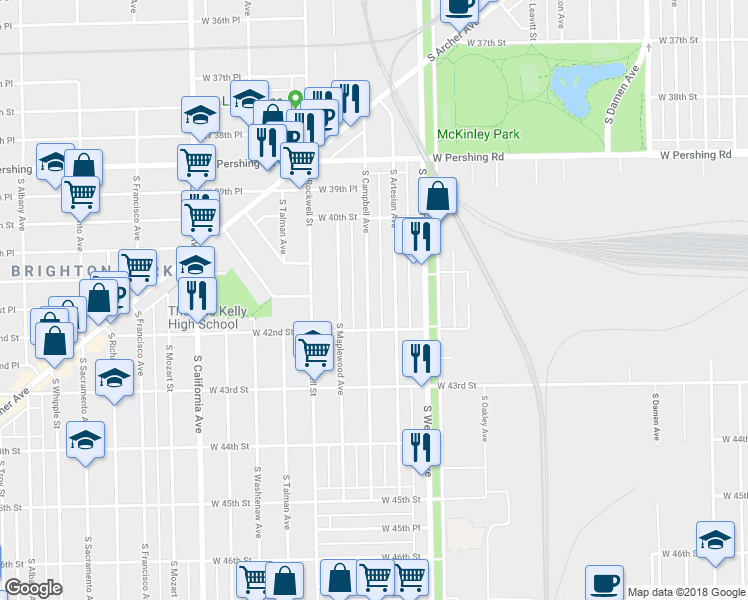 map of restaurants, bars, coffee shops, grocery stores, and more near 4125 South Campbell Avenue in Chicago