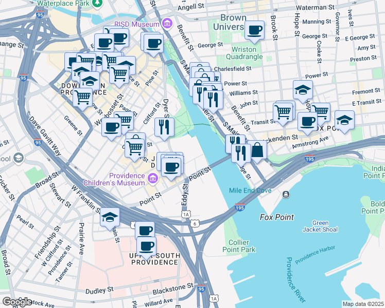 map of restaurants, bars, coffee shops, grocery stores, and more near 350 Eddy Street in Providence