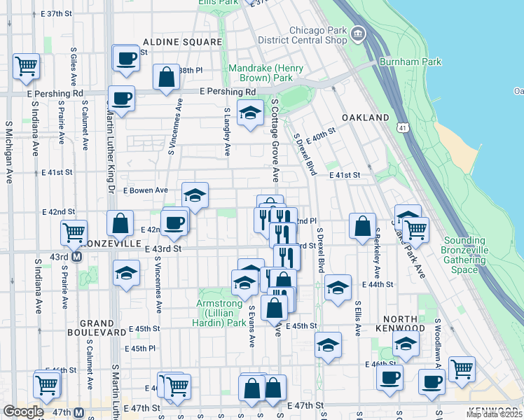 map of restaurants, bars, coffee shops, grocery stores, and more near 4201 South Evans Avenue in Chicago