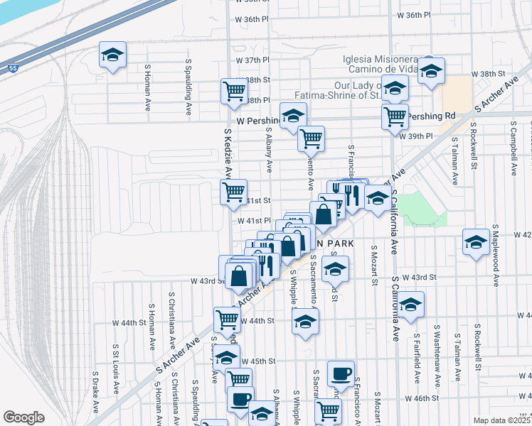 map of restaurants, bars, coffee shops, grocery stores, and more near 4116 South Albany Avenue in Chicago