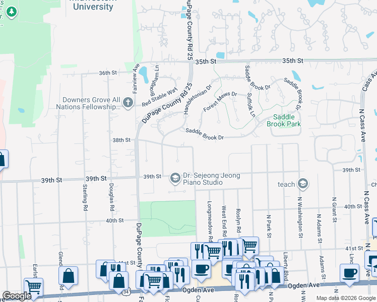map of restaurants, bars, coffee shops, grocery stores, and more near 3816 Cumnor Road in Downers Grove