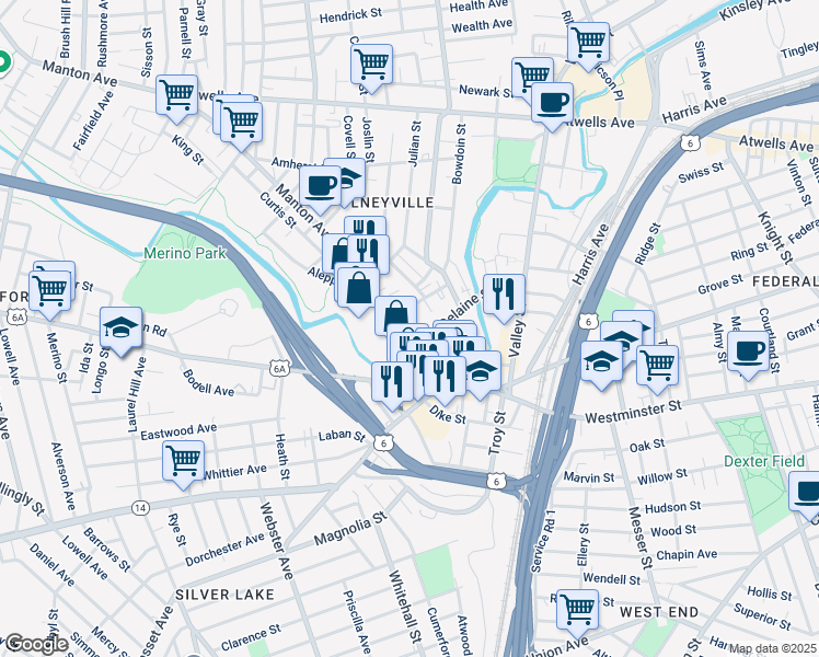 map of restaurants, bars, coffee shops, grocery stores, and more near 81 Manton Avenue in Providence