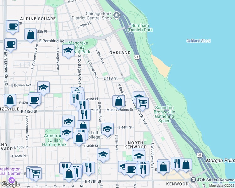 map of restaurants, bars, coffee shops, grocery stores, and more near 4157 South Ellis Avenue in Chicago