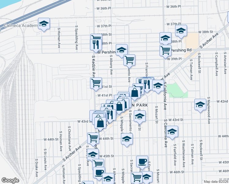 map of restaurants, bars, coffee shops, grocery stores, and more near 4117 South Albany Avenue in Chicago