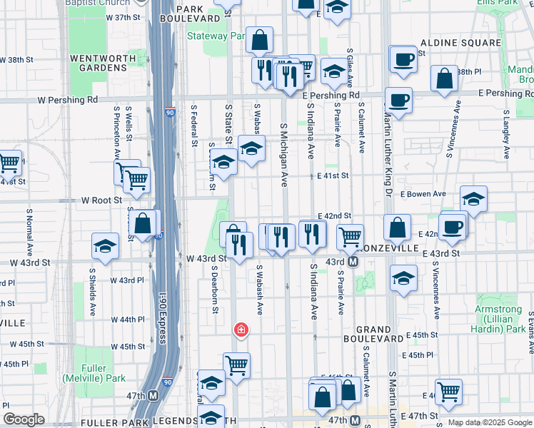 map of restaurants, bars, coffee shops, grocery stores, and more near 4157 South Wabash Avenue in Chicago