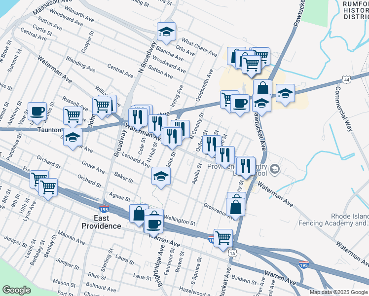 map of restaurants, bars, coffee shops, grocery stores, and more near 410 Waterman Avenue in East Providence