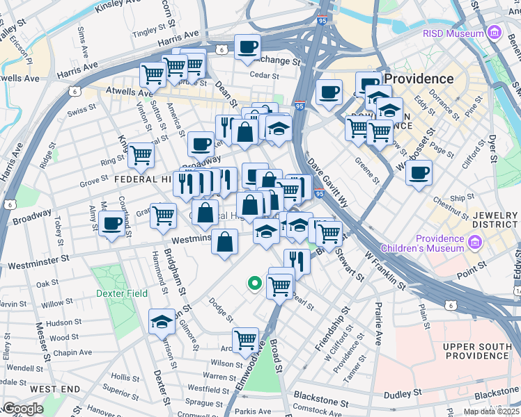 map of restaurants, bars, coffee shops, grocery stores, and more near 8 Winter Street in Providence