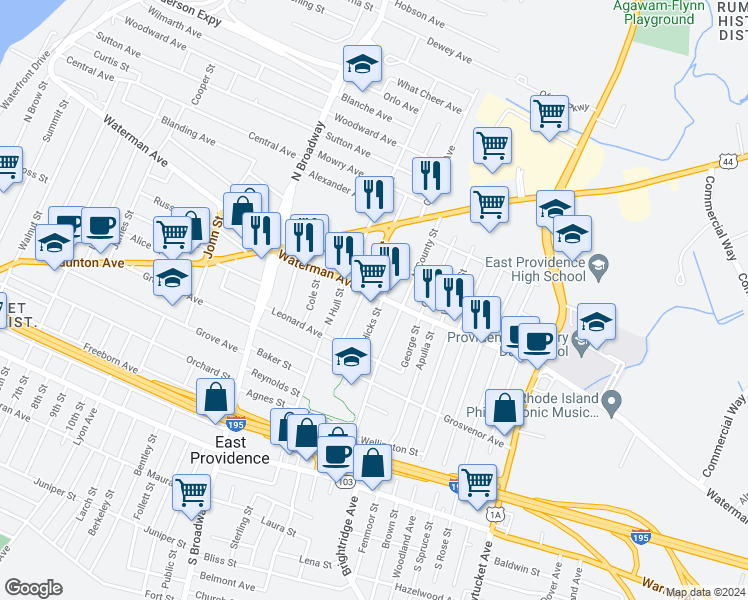 map of restaurants, bars, coffee shops, grocery stores, and more near 393 Waterman Avenue in East Providence