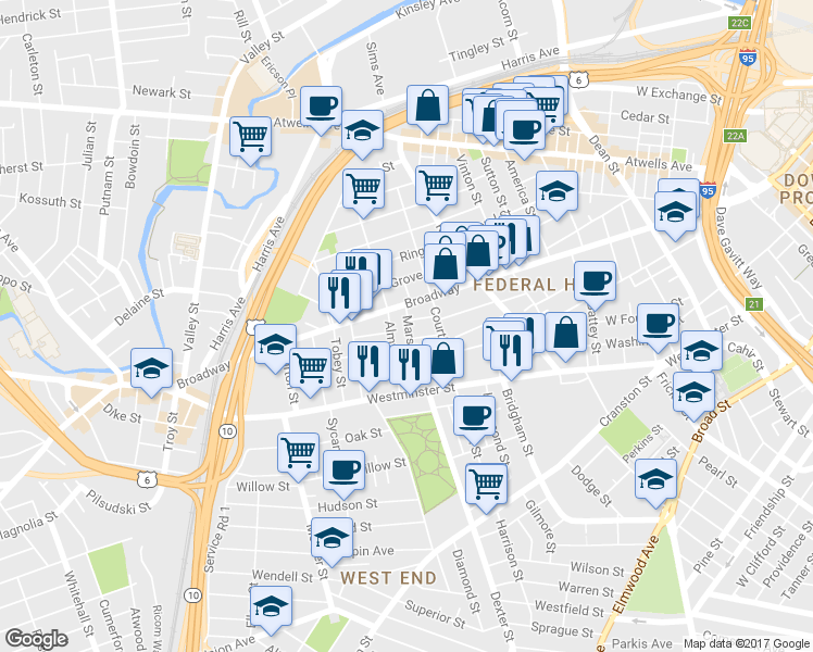 map of restaurants, bars, coffee shops, grocery stores, and more near 8 Armenia Street in Providence