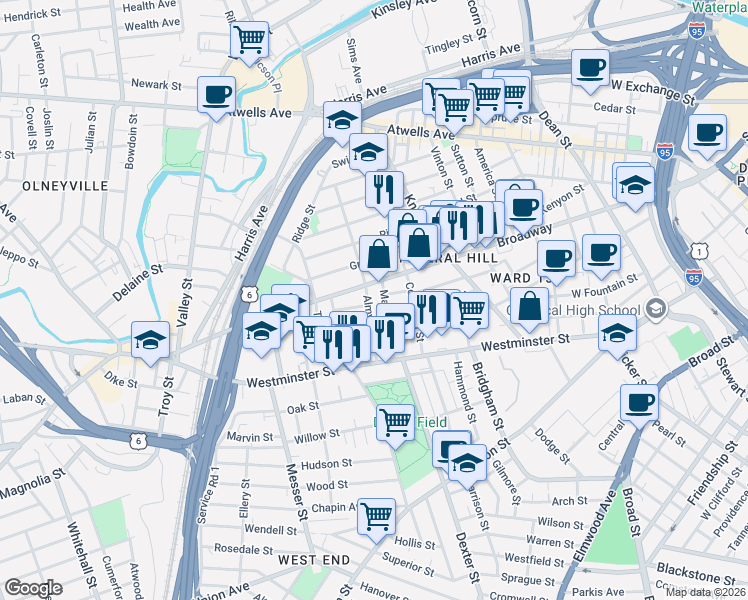map of restaurants, bars, coffee shops, grocery stores, and more near 38 Almy Street in Providence