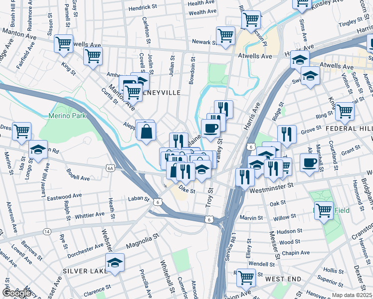 map of restaurants, bars, coffee shops, grocery stores, and more near 148 Delaine Street in Providence