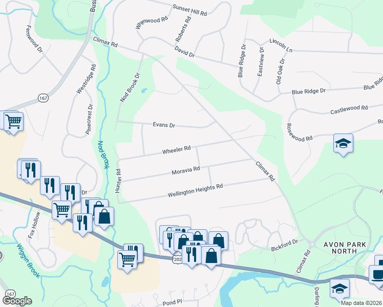 map of restaurants, bars, coffee shops, grocery stores, and more near 27 Wheeler Road in Avon