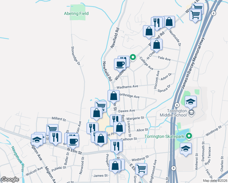 map of restaurants, bars, coffee shops, grocery stores, and more near 883 Main Street in Torrington