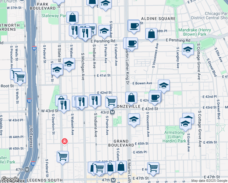 map of restaurants, bars, coffee shops, grocery stores, and more near 4155 South Prairie Avenue in Chicago