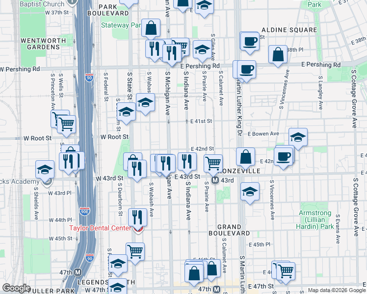 map of restaurants, bars, coffee shops, grocery stores, and more near 4157 South Michigan Avenue in Chicago