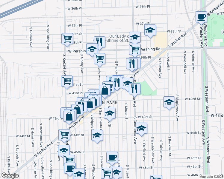 map of restaurants, bars, coffee shops, grocery stores, and more near 4134 South Archer Avenue in Chicago