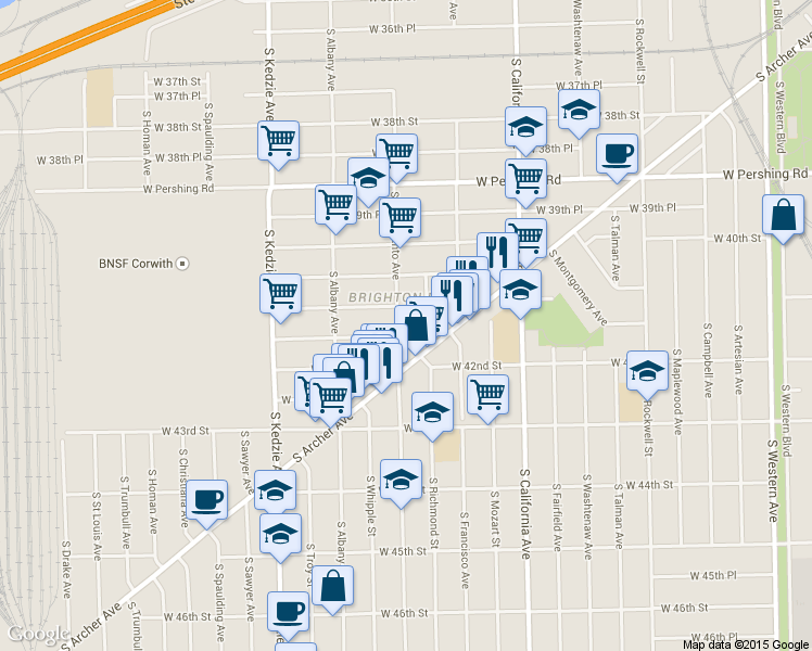 map of restaurants, bars, coffee shops, grocery stores, and more near 4115 South Sacramento Avenue in Chicago