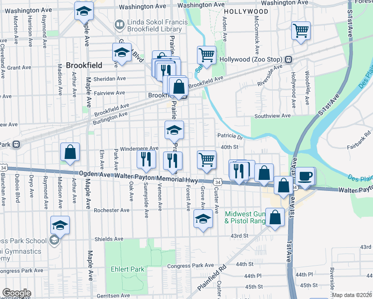 map of restaurants, bars, coffee shops, grocery stores, and more near 4000 Forest Avenue in Brookfield