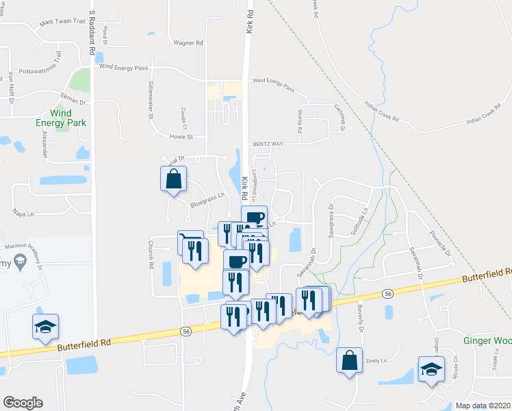 map of restaurants, bars, coffee shops, grocery stores, and more near 3075 Longwood Lane in Aurora
