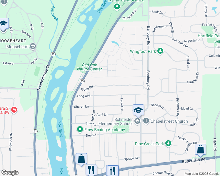 map of restaurants, bars, coffee shops, grocery stores, and more near 260 Ridge Road in North Aurora