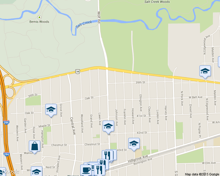 map of restaurants, bars, coffee shops, grocery stores, and more near 3909 Wolf Rd in Western Springs