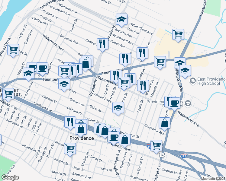 map of restaurants, bars, coffee shops, grocery stores, and more near 23 North Hull Street in East Providence