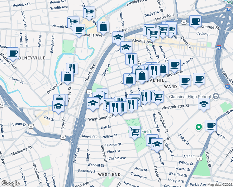map of restaurants, bars, coffee shops, grocery stores, and more near 492 Broadway in Providence