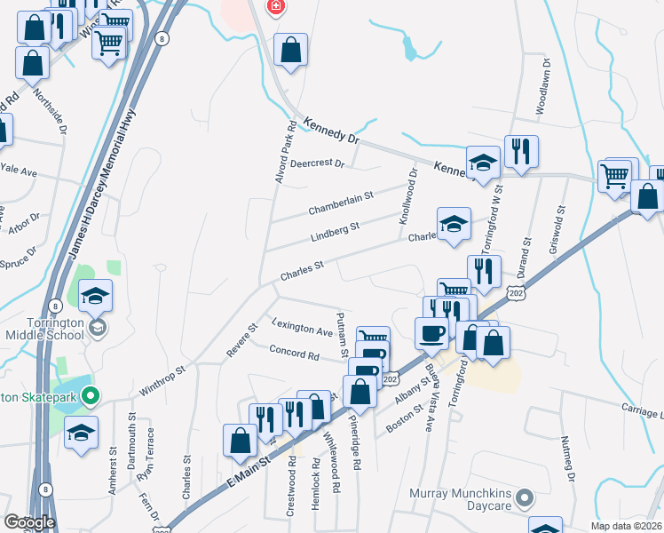map of restaurants, bars, coffee shops, grocery stores, and more near 568 Charles Street in Torrington
