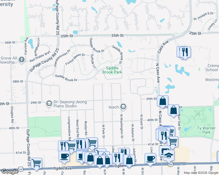 map of restaurants, bars, coffee shops, grocery stores, and more near 3804 Liberty Boulevard in Westmont