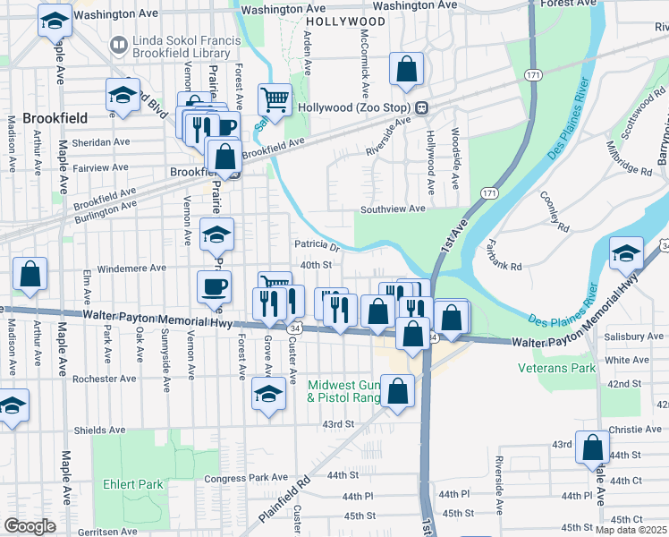 map of restaurants, bars, coffee shops, grocery stores, and more near 4002 Konrad Avenue in Lyons